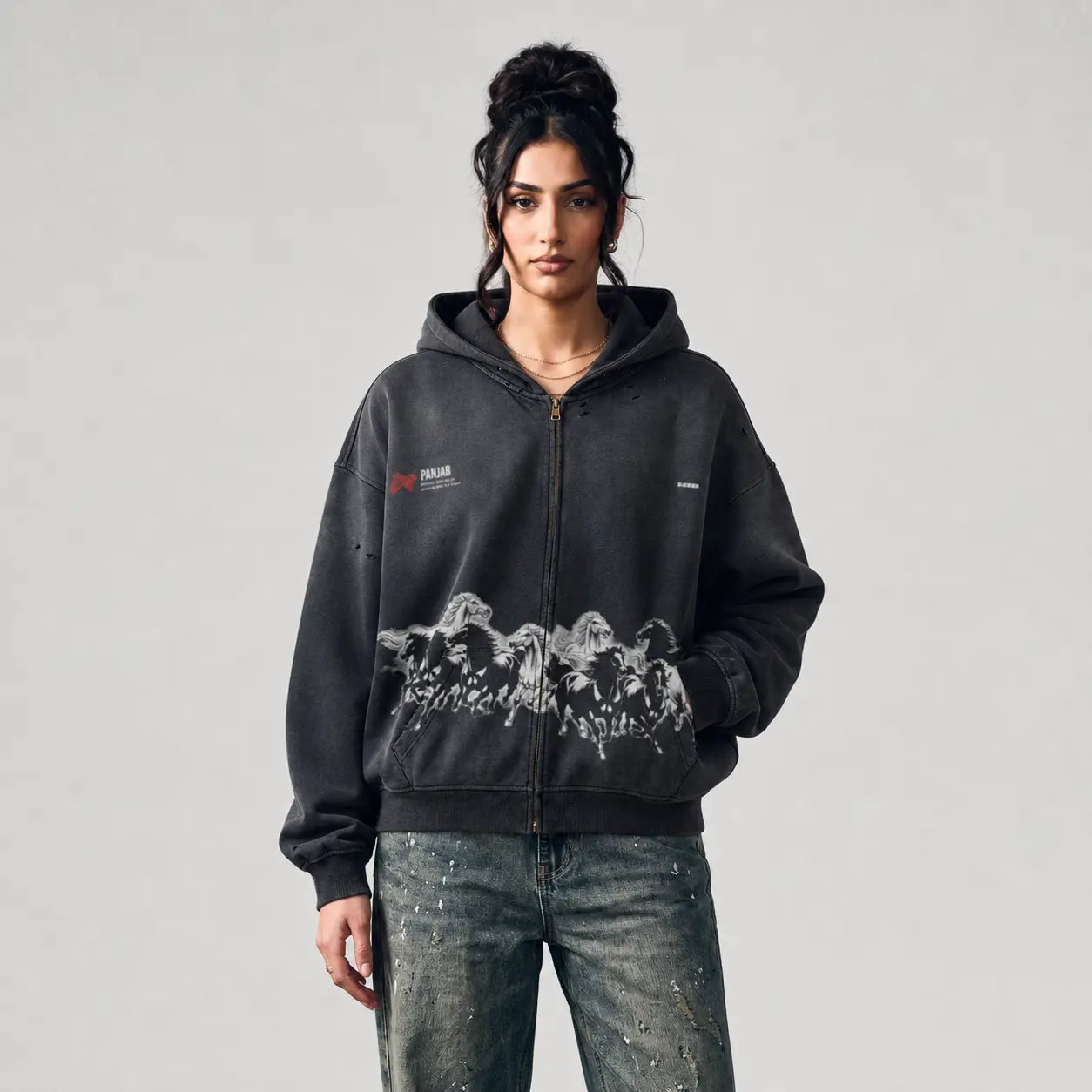 Sovereign Panjab Sun Faded Distressed Full-Zip Hoodie